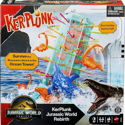 Mattel Games Kerplunk Jurassic World Rebirth Game for Kids & Family with Ocean Tower and Spinosaurus Figures Inspired by The Movie
