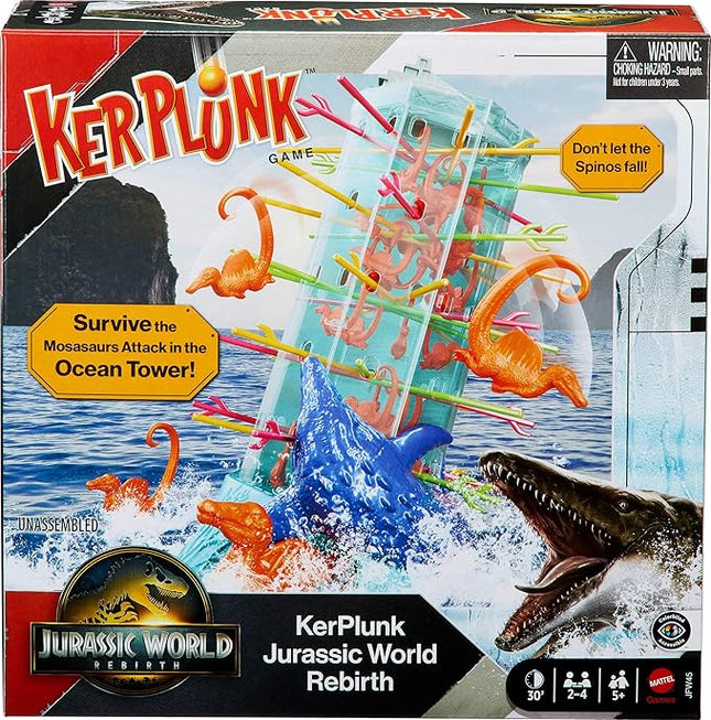 Mattel Games Kerplunk Jurassic World Rebirth Game for Kids & Family with Ocean Tower and Spinosaurus Figures Inspired by The Movie