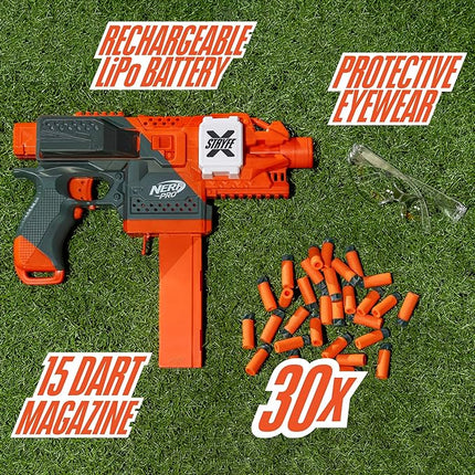 NERF Pro Stryfe X Dart Semi-Auto Blaster, Rechargeable LiPo Battery, 30 AccuStrike Half-Length Darts, 15-Dart Magazine, 150 FPS, Eyewear, 14+ (Amazon Exclusive)
