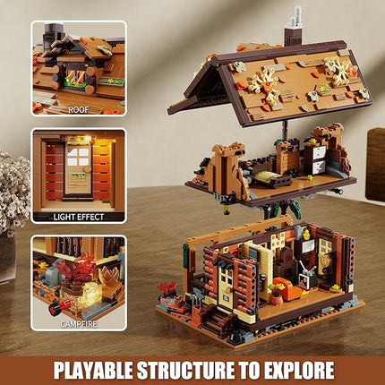 Wood Cabin Building Blocks Set with LED Lights, Autumn House Building Toys, Log Cabin Construction Kits, Stem Forest Treehouse Model, Birthday Gift for Adults and Boys Age 8-12(1969Pcs)