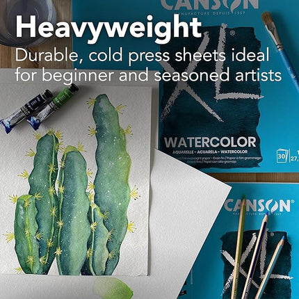 Canson XL Series Watercolor Pad, Heavyweight White Paper, Foldover Binding, 30 Sheets, 9x12 inch