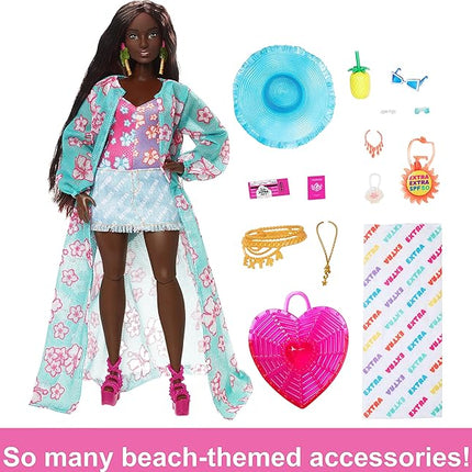 Barbie Extra Fly Doll with Beach-Themed Travel Clothes & Accessories, Tropical Coverup with Oversized Hat & Bag