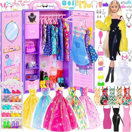 104 Piece Fashion Doll Wardrobe Playset with Poseable 11.5" Doll & 104 Accessories | ASTM-Certified Pretend Play Gift Set for Girls Ages 3+ (Purple)