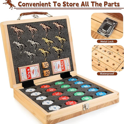 Bravmate Large 21 Inches Horse Race Board Game, Solid Wood Foldable Horse Racing Game with 11 Luxury Metal Horses, 2 Wooden Dice, 2 Boxes of Cards, 80 Chips for Parties
