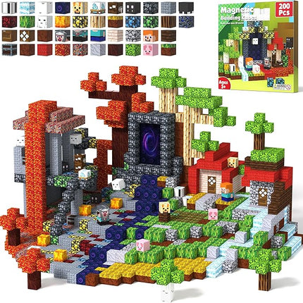 Magnetic Blocks 200 PCS Magnet Building Blocks Cubes Sensory Toys for 3-12 Years Old Gamer Player Kids, Stacking Magnets Birthday Christmas Graduation Gift Set, 0.8 Inch Block, Nether and Overworld