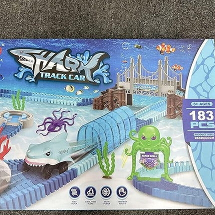 VATOS Track Toys 183 Pcs Shark Race Car Toys for Boys Girls 3 4 5 6 7 9 Year, Bendable Flexible Racetrack Cars with Shark & Ball, Ocean Theme Train Toys, STEM Educational Playset Birthday Gift
