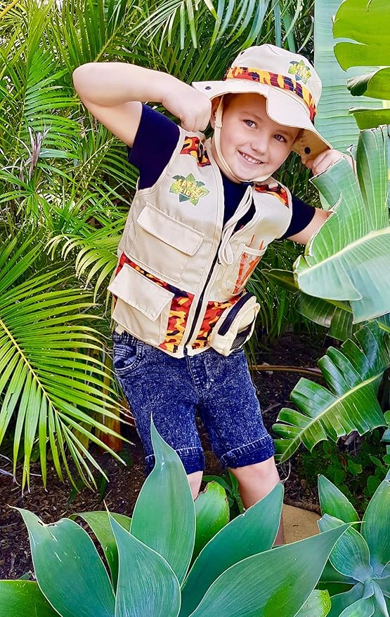 Safari Kidz Outdoor Explorer Kit - Orange Camouflage Cargo Vest and Hat Set, Backyard Nature Adventures, Washable Costume, Age 3+