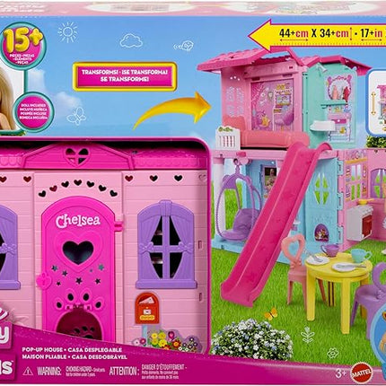 Barbie Chelsea Toy Dollhouse with 15+ Accessories, Pop-Up House Expands to 17+ x 13+ inches with 5 Play Areas & Slide, Includes Small Doll & Pet Dog