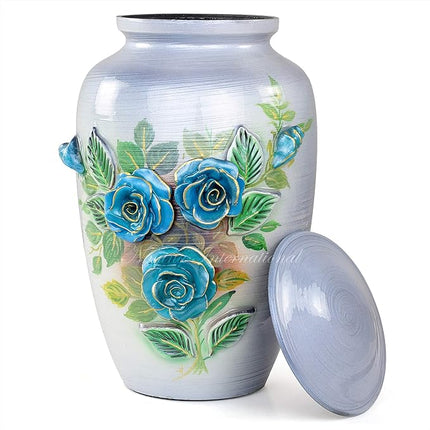 11" 3D Carved Decorative Flowers Aluminum Metal Cremation Urns for Human Ashes | Hand-Crafted Large Urn for Adult Cremation (Silver Roses)