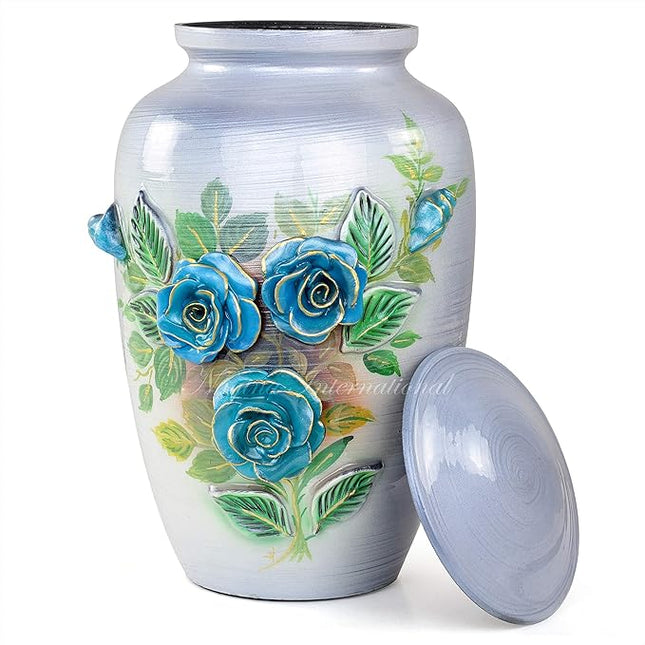 11" 3D Carved Decorative Flowers Aluminum Metal Cremation Urns for Human Ashes | Hand-Crafted Large Urn for Adult Cremation (Silver Roses)
