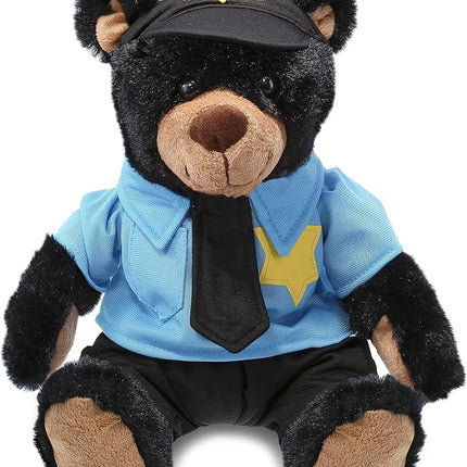 DolliBu Black Bear Police Officer Plush Toy - Super Soft Plush with Red Plaid Hoodie Stuffed Animal with Cute Cop Uniform and Cap Outfit - Gift with Personalization - 10 Inches