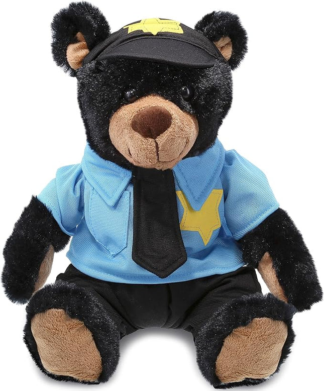 DolliBu Black Bear Police Officer Plush Toy - Super Soft Plush with Red Plaid Hoodie Stuffed Animal with Cute Cop Uniform and Cap Outfit - Gift with Personalization - 10 Inches