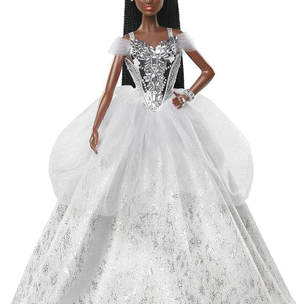 Barbie Signature 2021 Holiday Doll (12-inch, Brunette Braided Hair) in Silver Gown, with Doll Stand and Certificate of Authenticity, Gift for 6 Year Olds and Up