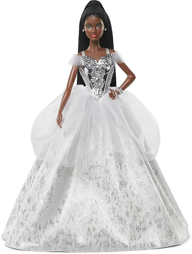 Barbie Signature 2021 Holiday Doll (12-inch, Brunette Braided Hair) in Silver Gown, with Doll Stand and Certificate of Authenticity, Gift for 6 Year Olds and Up