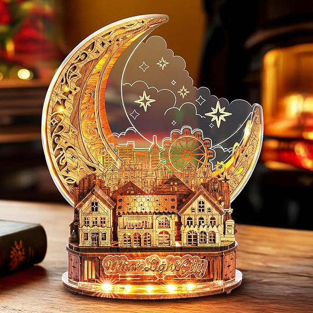 3D DIY Puzzle Moon City Model - LED 3D Wood Puzzle - 3D Wooden Puzzles for Adults Home Décor Gifts for Kids and Adults, Brown