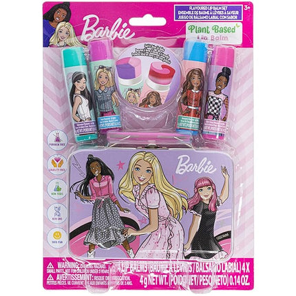 Barbie – Townley Girl Plant Based 4 Pk Swirl Lip Balm with Tin Case Makeup Cosmetic Set for Kids and Girls, Ages 3+, Perfect for Parties, Sleepovers & Makeovers