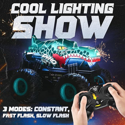BEZGAR Monster Truck Toys - Remote Control Monster Truck with Light & Music, Dinosaur Toys for Kids, 1:20 Scale RC Truck with 360° Spins and Drifting, Remote Control Car for Boys 4-7 Blue