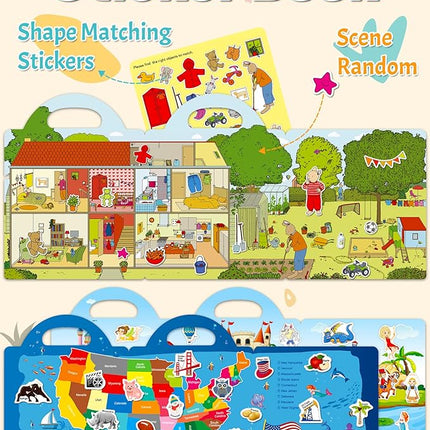 Benresive Reusable Sticker Books for Kids 2-4, Sticker Books for Toddlers 1-3 2-4, Toddler Travel Toys Activities Crafts Gifts - America Map, Fairy, My House