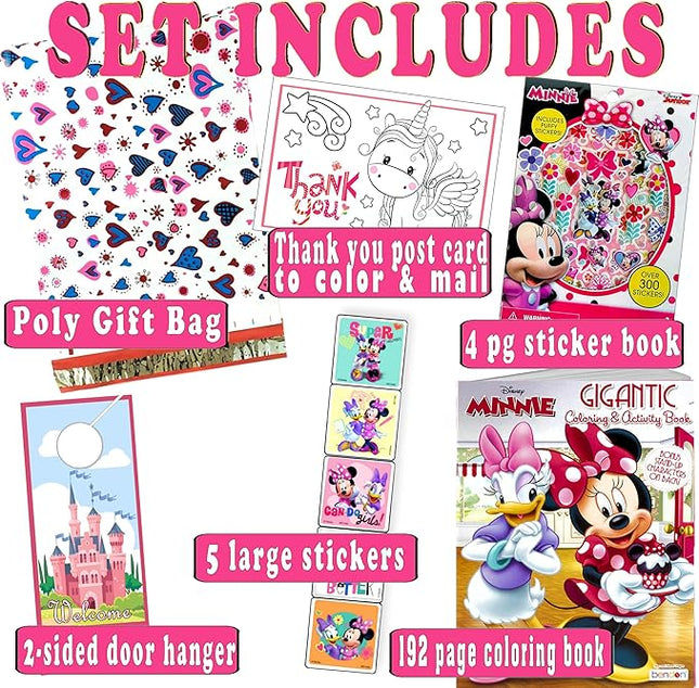 Disney Minnie Mouse Coloring Book and Stickers Gift Set - Bundle Includes Gigantic 192 pg Minnie Mouse Coloring Book, Minnie Mouse Stickers, and 2-Sided Door Hanger, in Specialty Gift Bag
