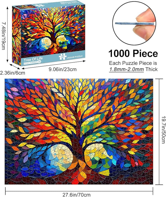 Rocorose Stained Glass Puzzle for Adults 1000 Pieces Tree of Life Family Jigsaw Puzzles, Impossible Hard Difficult Challenging Plant Tree Puzzle for Gift Home Wall Decor
