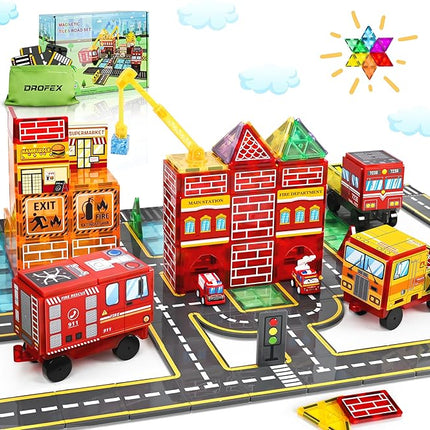 Magnetic Tiles Road Set with Fire Truck Magnetic Crane, Creative Construction Toys for Kids Ages 3-12, Boys & Girls, Fire Rescue Station and Engineering Themed Magnetic Building Blocks
