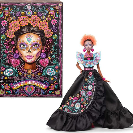 Barbie Signature Doll, 2024 Día De Muertos Collectible in Black Dress with Blue Ruffle Top, Embroidered Print, and Colorful Accessories