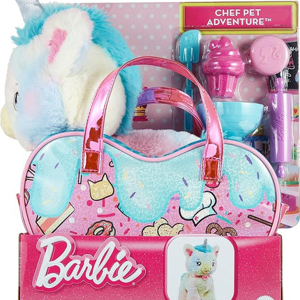 Barbie Stuffed Animals, Unicorn Toys, Plush Unicorn with Dessert-Themed Purse Playset and 5 Accessories, Chef Pet Adventure