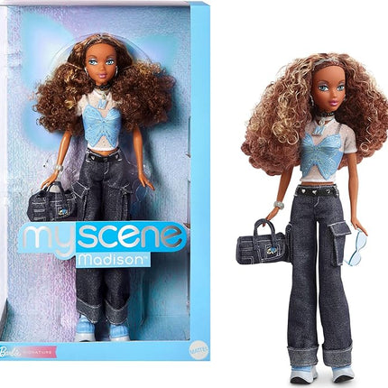 Barbie Signature My Scene Madison Doll & Accessories, Y2K-Inspired Outfit with Butterfly Top, Cargo Jeans, Denim Bag & Display Stand