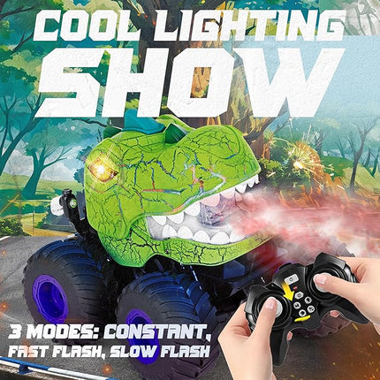 BEZGAR Monster Truck Toys - Remote Control Monster Truck with Spray, Light, Music, Dinosaur Toys for Kids, 1:20 Scale RC Truck with 360° Spins and Drifting, Remote Control Car for Boys 4-7 Green