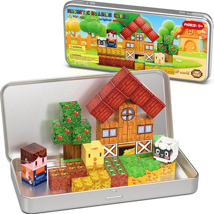 Farm Animal Magnetic Building Blocks Travel Toys, 35PCS Magnetic Cubes for Kids 3-8, Portable STEM Building Tiles with Metal Storage Box, Toddler Learning Toys for Ages 3-5，Fun Gifts, Classroom Prizes