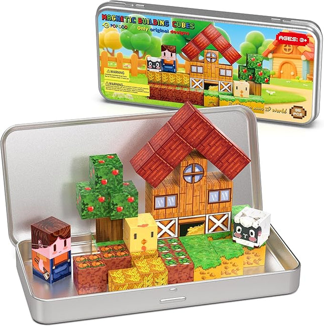 Farm Animal Magnetic Building Blocks Travel Toys, 35PCS Magnetic Cubes for Kids 3-8, Portable STEM Building Tiles with Metal Storage Box, Toddler Learning Toys for Ages 3-5，Fun Gifts, Classroom Prizes