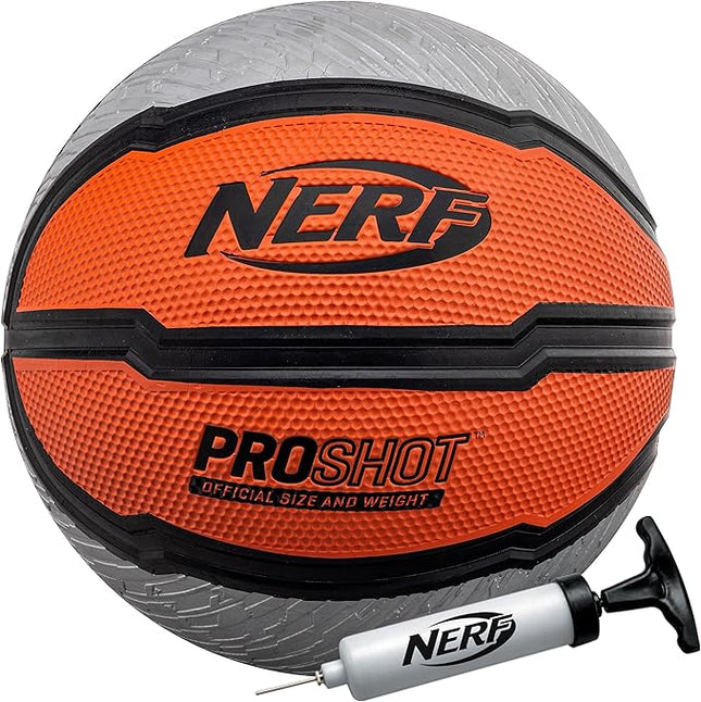 Nerf Indoor + Outdoor Basketball - Proshot Official Size 29.5" Basketball + Air Inflation Pump - Extra Grip for Gym + Driveway Hoops - Regulation B7 Ball - Black/Orange