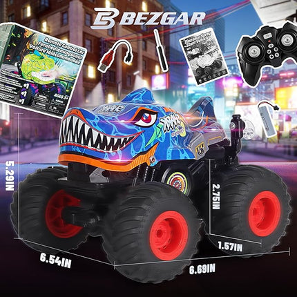 BEZGAR Monster Truck Toys - Remote Control Monster Truck with Light & Music, Dinosaur Truck for Kids, 1:20 Scale RC Truck with 360° Spins and Drifting, Remote Control Car for Boys 4-7 BlueShark