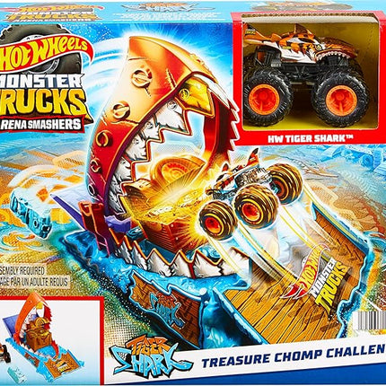 Hot Wheels Monster Trucks Arena Smashers Treasure Chomp Challenge Playset with 1:64 Scale Tiger Shark Toy Monster Truck & 1 Crushed Car