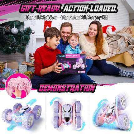 360° Flip RC Car for Girls, Upgraded Dual-Sided Stunt Car with Headlights, 2.4GHz 4WD Remote Control, USB-C Rechargeable Toy Gift for Kids Ages 6+ (Pink-Purple)