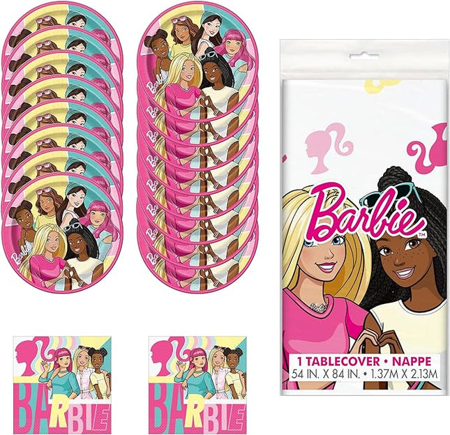 Barbie Theme Party Solutions - 33 Piece Unbeatable Value Bundle with Official Licensed Products for Kids Birthdays & Anniversaries + Bonus Party Supplies