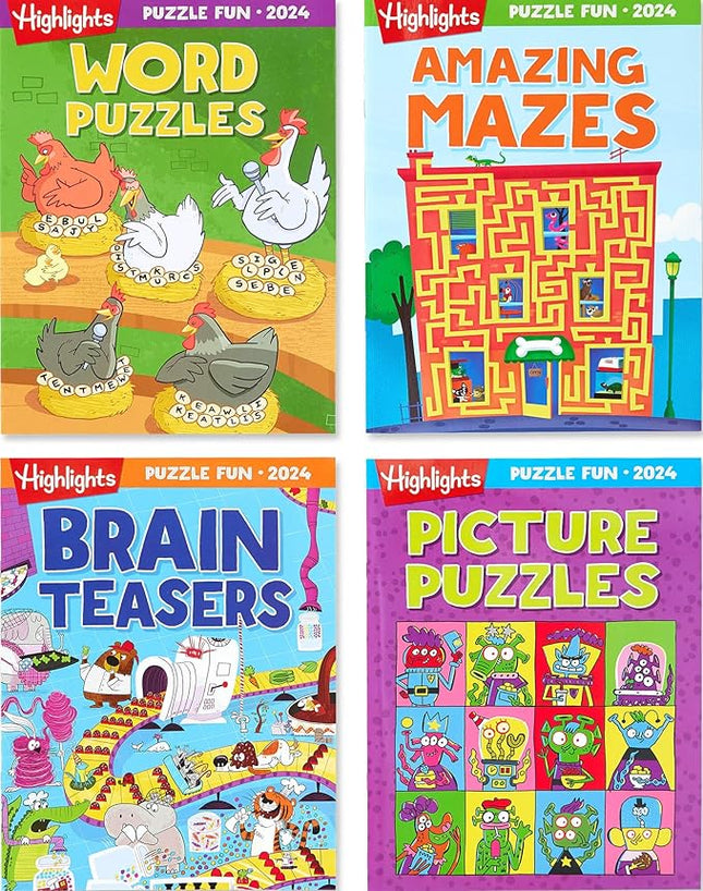Highlights for Children Fun 2024 Puzzle Books for Kids Ages 6 and Up, 4-Book Set of Brain Teasers, Mazes, Word Puzzles and More Travel-Friendly Screen Free Brain-Boosting Activities