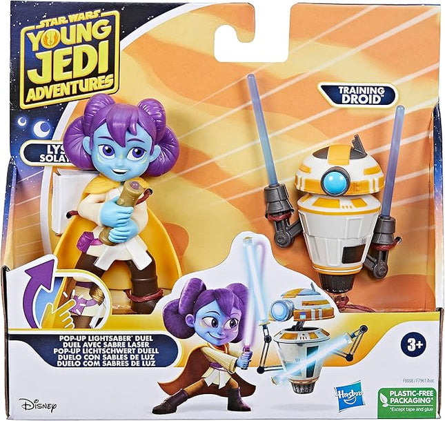 Star Wars: Young Jedi Adventures Pop-Up Lightsaber Duel, LYS Solay & Training Droid Action Figures, 4-Inch Scale Toys, Preschool Toys for 3 Year Old Boys & Girls