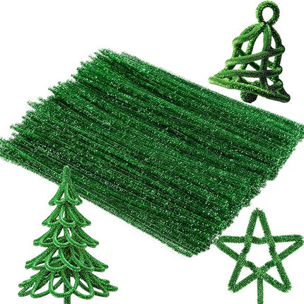 Caydo 200 Pieces Glitter Green Pipe Cleaners,Thick Fluffy Chenille Stems, Pipe Cleaner Crafts for Arts & Crafts, Perfect for Making Animals, Flowers, and St. Patrick's Day Decorations
