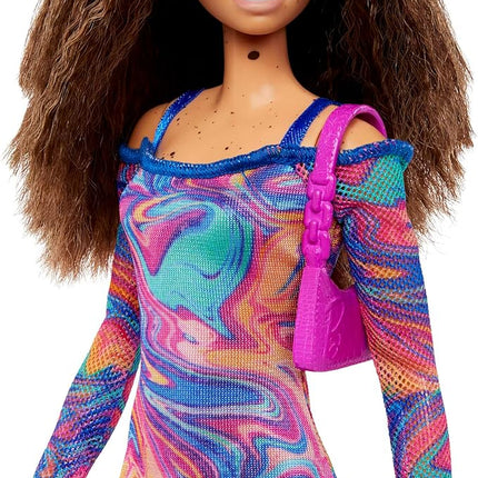 Barbie Fashionistas Doll #206 with Crimped Hair & Freckles Wearing Removable Rainbow Marble-Print Dress, Green Mules & Purse