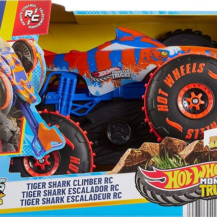 Hot Wheels Monster Trucks Remote Control Toy Vehicle, Large-Scale RC Tiger Shark Climber with 3 Modes of Play for Racing, Climbing & Stunting