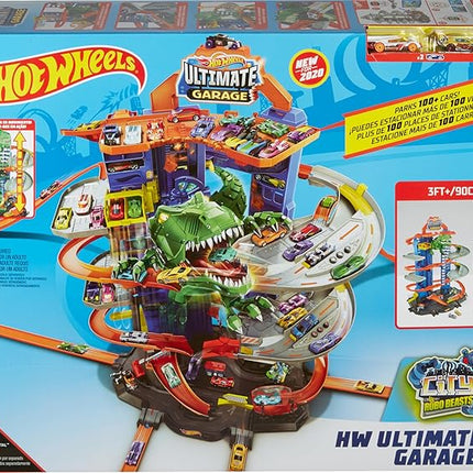 Hot Wheels Ultimate Garage Track Set with 2 Toy Cars, Hot Wheels City Playset with Multi-Level Side-by-Side Racetrack, Moving T-Rex Dino & Storage for 100+ 1:64 Scale Vehicles (Amazon Exclusive)