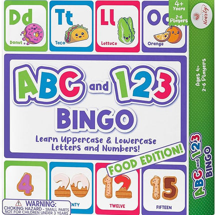 Party Hearty Alphabet and Number, ABC and 123 Bingo Board Game for Kindergarten and Preschool Kids Learn to Read Fun 2 Versions for Ages 4 and Up (Food Edition)