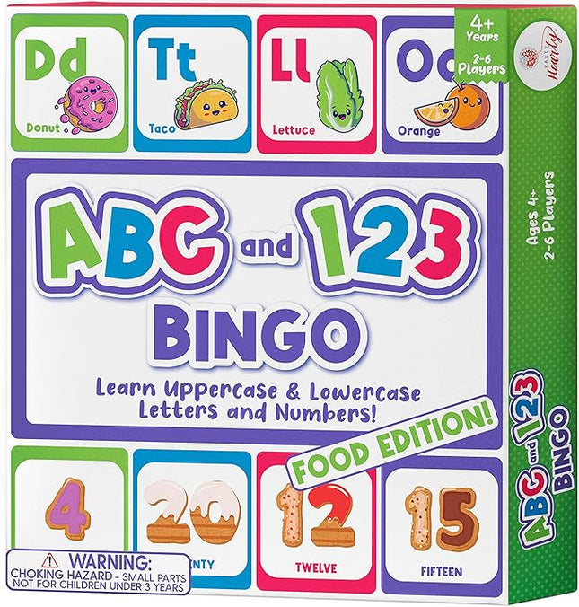 Party Hearty Alphabet and Number, ABC and 123 Bingo Board Game for Kindergarten and Preschool Kids Learn to Read Fun 2 Versions for Ages 4 and Up (Food Edition)