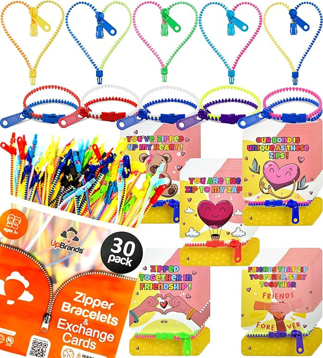 UpBrands 30 Valentine's Day Cards for Kids School & Fidget Zipper Bracelets Party Favors Toys, Bulk Valentine's Day Gifts for Kids, Classroom Exchange Gifts & Student Incentives