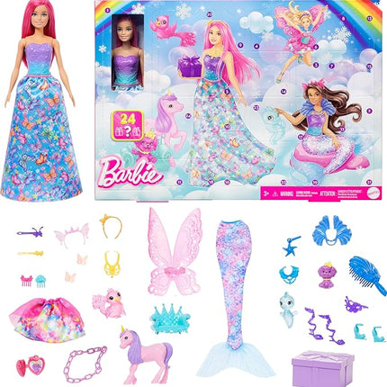 Barbie Advent Calendar with Doll & 24 Surprise Accessories Including Unicorn & 3 Pets, Transform Pink-Haired Fashion Doll into Mermaid, Fairy & More