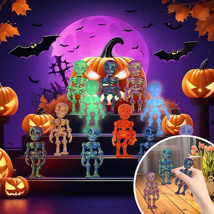 14 pcs 3D Printed Skeleton Figurines, Colorful 3.15 Inch Halloween Decorations, Fun Spooky Skull Toys for Desk, Party, or Shelf Display