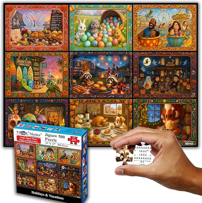 Think2Master Holiday Collage 500 Pieces Large Format Jigsaw Puzzle: Kids 12+, Teens, Adults & Families. A Year of Celebration an Excellent Present for Birthdays, Christmas. Size: 26.8” X 18.9”