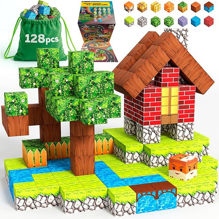 Magnetic Blocks Cubes 128PCS - STEM Cube Building Blocks & Magnet Cubes, Fidget, Montessori for Kids Ages 3-5 & 5-7 & 8-12, Magnetic Kit Cubes, Construction Magnet Toys Blocks Birthday Gifts