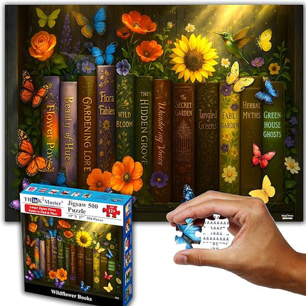 Think2Master Enchanted Library 500 pieces Large Format Jigsaw Puzzle: kids 12+, teens, adults & families. Magical Bookshelf with Butterflies & Flowers Botanical Garden. Great gift. Size: 26.8” X 18.9”